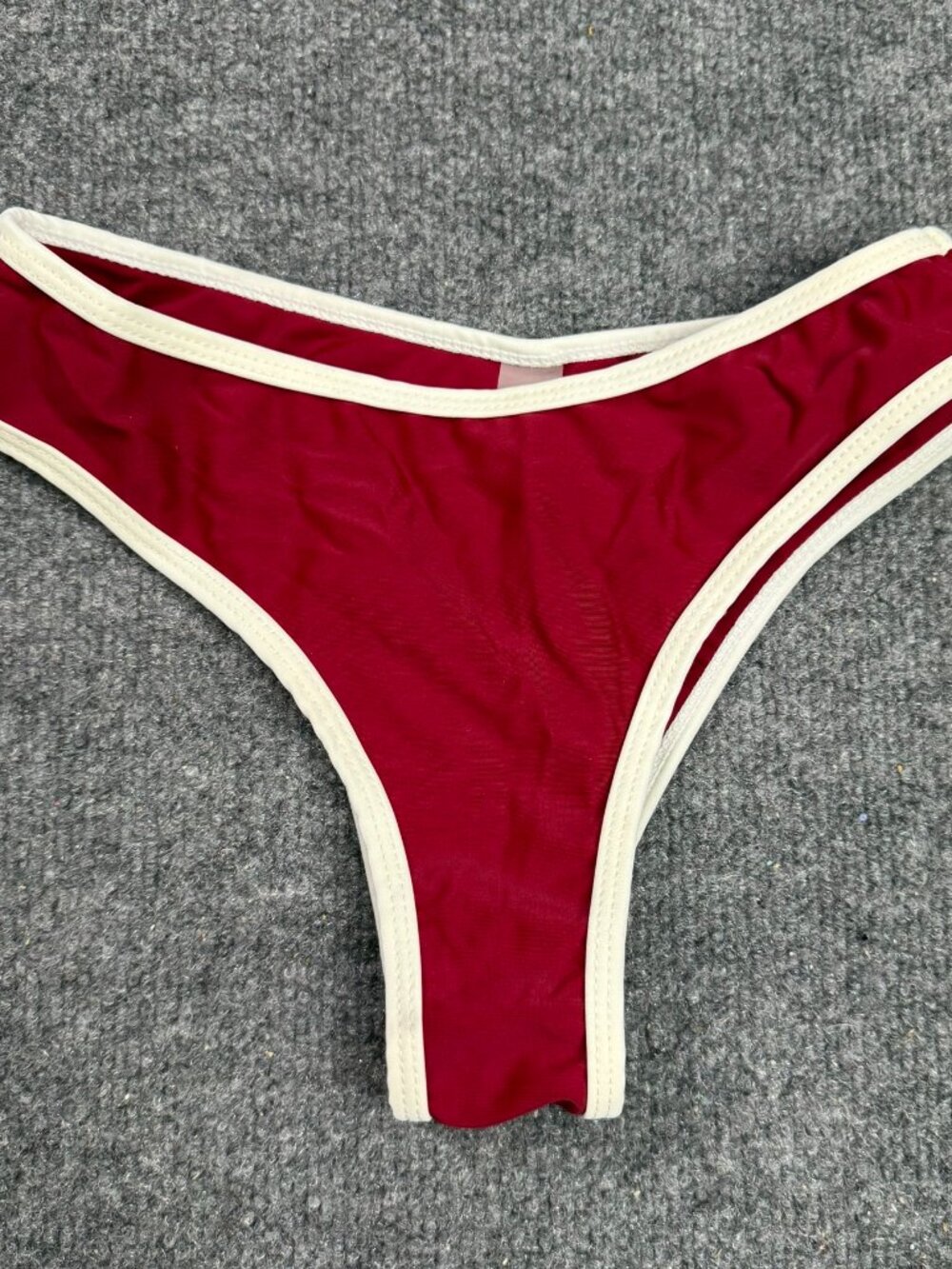 Women's Red Burgundy High Leg Cheeky Swimwear Bottom with White Piping Size XS
